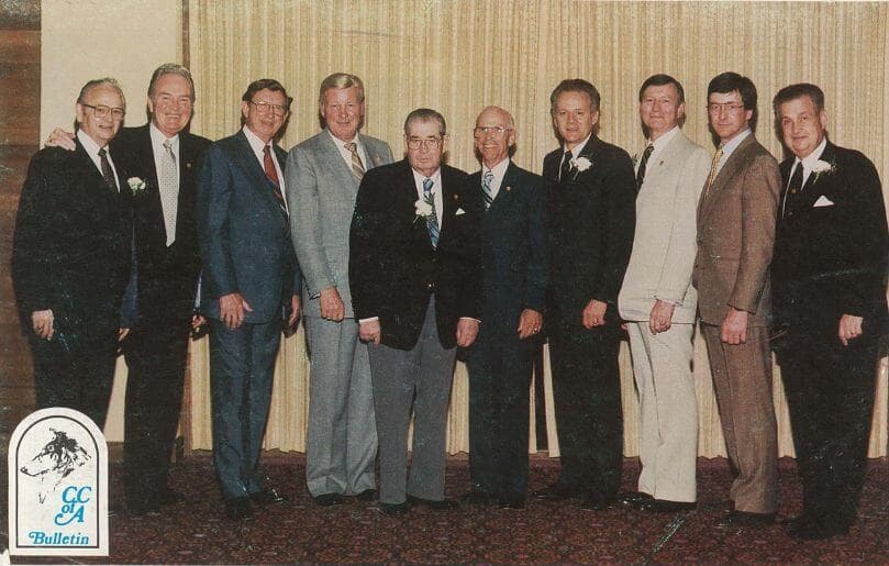 1986 – L to R: Ten past Collie Club of America Presidents: Ralph Morrison, Chip Atkins, John Lindeman, Svend Jensen, Ed Myers, Milt Walker, Hal Sunstrom, Ted Paul, Bill Brokken, and John Honig.