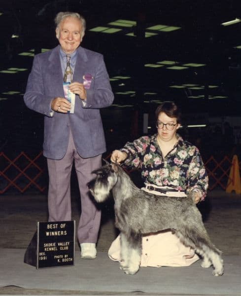 Liz Hansen at a dog show with ‘Buck,’ CH Sketchbook Money Talks CD, age 9 months