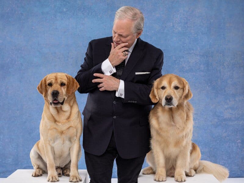 David Frei trying to figure out why all-breed dog show judges don’t like the Lab (left) and the Golden as much as others in competition for Best in Show.