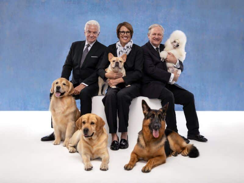 Left to right: John; Mary; David Dogs, left to right: Golden Retriever; Labrador Retriever; French Bulldog; German Shepherd Dog; Poodle