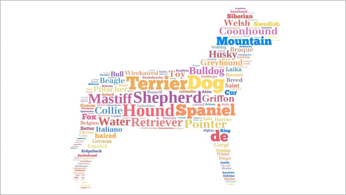 Dog Breeds Word cloud in a shape of a Dog background concept