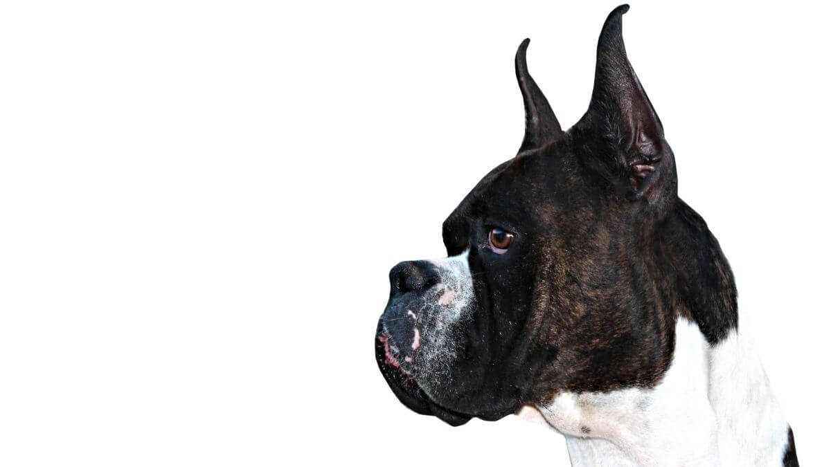 Purebred Boxer Dog profile with cropped ears on white background