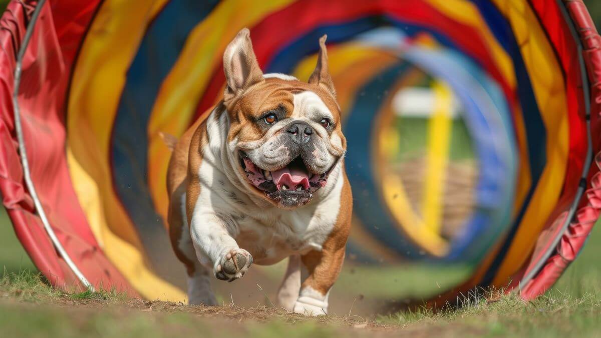 Happy bulldog running through agility tunnel. Happy bulldog running through a colorful agility tunnel on a sunny day, showcasing its speed and energy in a fun competition outdoors AI generated
