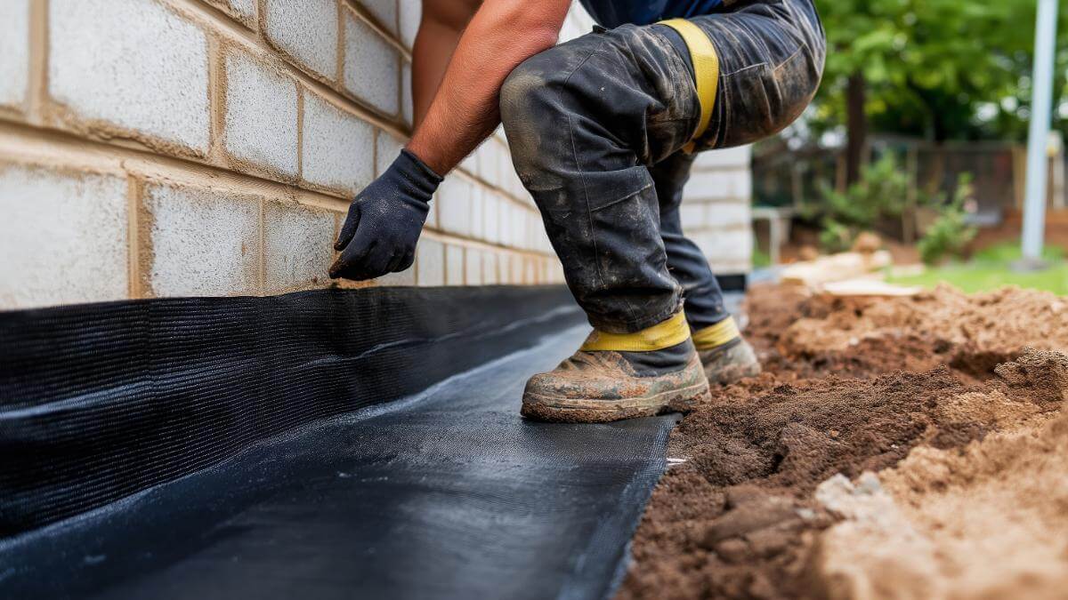 Construction worker waterproofing building foundation with bituminous membrane, protecting against moisture and leaks. Construction worker applying bituminous waterproofing membrane to building foundation, sealing against potential water damage and struct