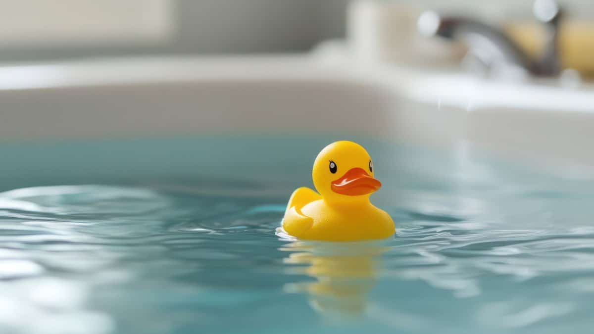 Floating yellow rubber duck in clean bathtub. Classic yellow rubber toy duck floating on calm, clear bathwater, against a light-colored bathroom background. AI generated