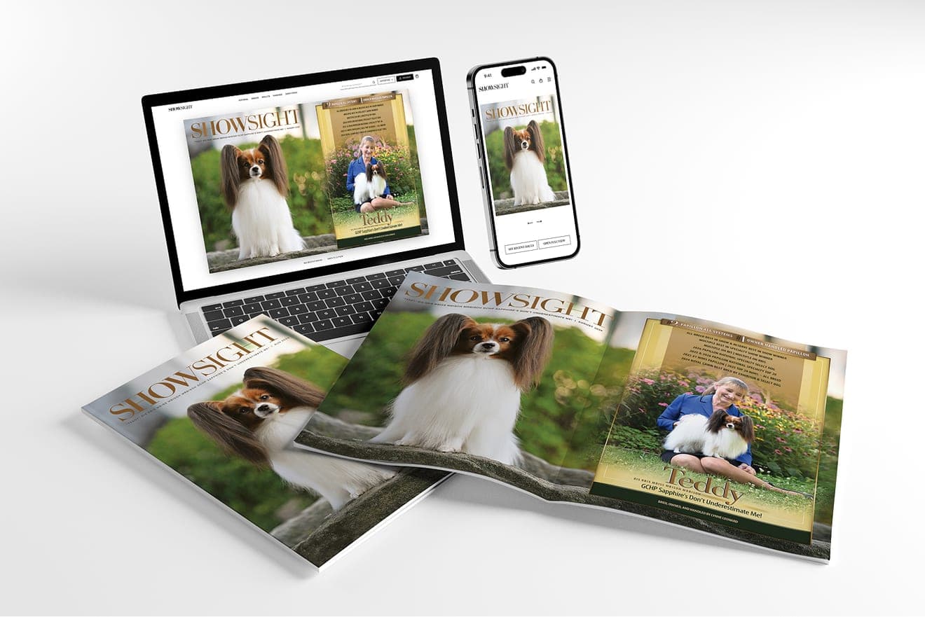 The Showsight print magazine open beside its digital edition on a laptop and phone