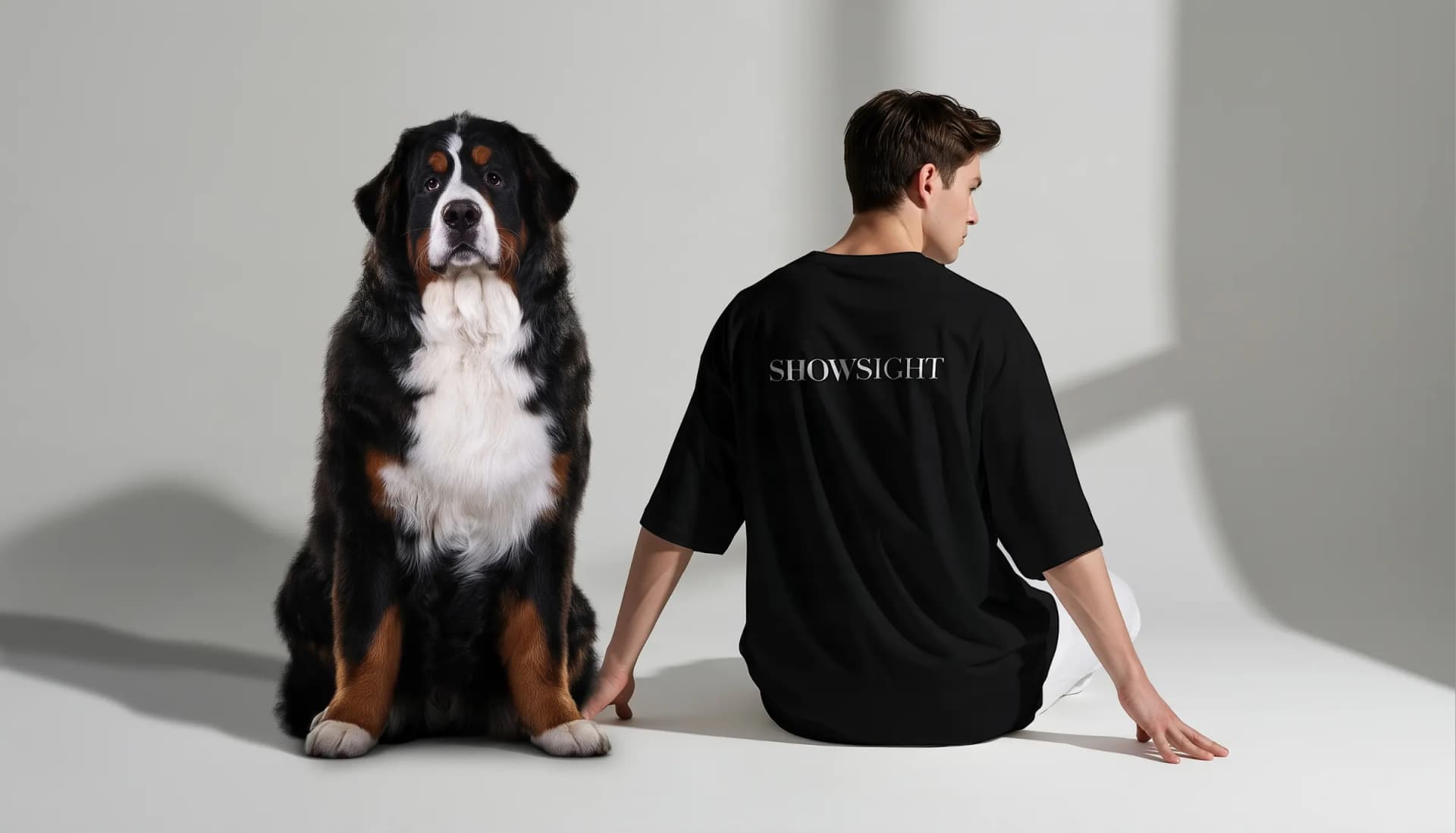A Bernese Mountain Dog sitting beside a model in a black ShowSight T-shirt