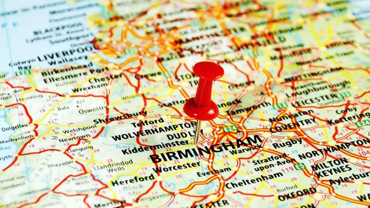 Close up of Birmingham ,United Kingdom map with red pin - Travel concept