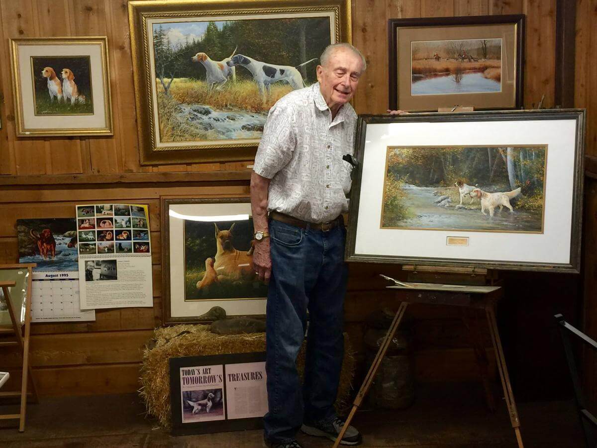 Steve Hubbell, an AKC all-breed judge, painted his canine subjects as he saw them, faults and all. He took his artistic license in the backgrounds and the activities, producing works found in many collections and in the AKC Museum of the Dog. The “real li