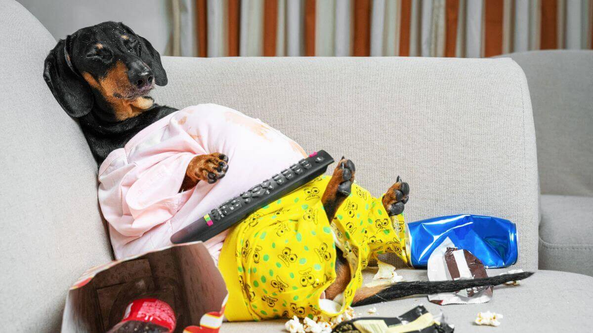Fat dog couch potato eating a popcorn, chocolate, fast food and fell asleep watching television.