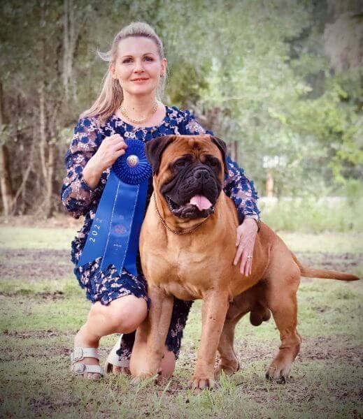 Bullmastiff Olga Contant with her Ridgetop Bullmastif dog