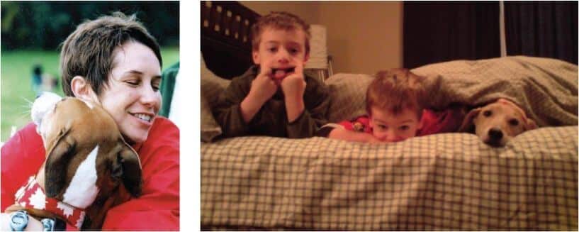 Azawakh dog 2 Pictures: Left Deb Kidwell hugging her dog, Left: 2 young boys lying on a bed, accompanied by their dog