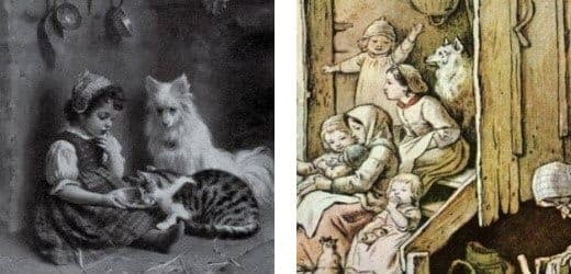 Left: Black and white photo of a little girl feeding a cat with a German Spitz dog sitting besides them - Right: Part of the old painting picturing the German Spitz living among the people