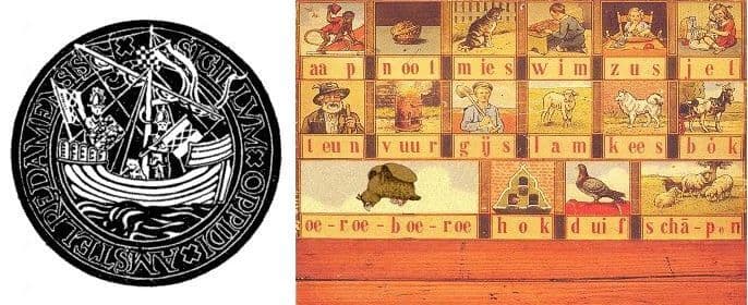 German Spitz in History - Stamp of the City of Amsterdam. The white Keeshond also appears on this reading board.