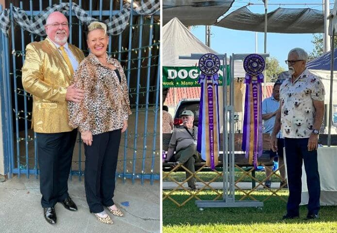 combined photo: man and a woman standing in front of blue fenced door, right: man at a dog show