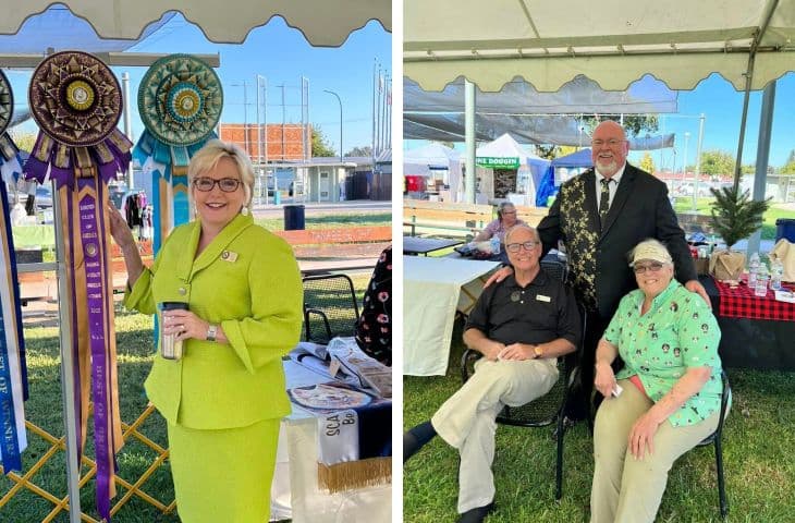 combined photos: left: woman at a dog show showing accolades right: 2 people sitting and 1 standing behind them