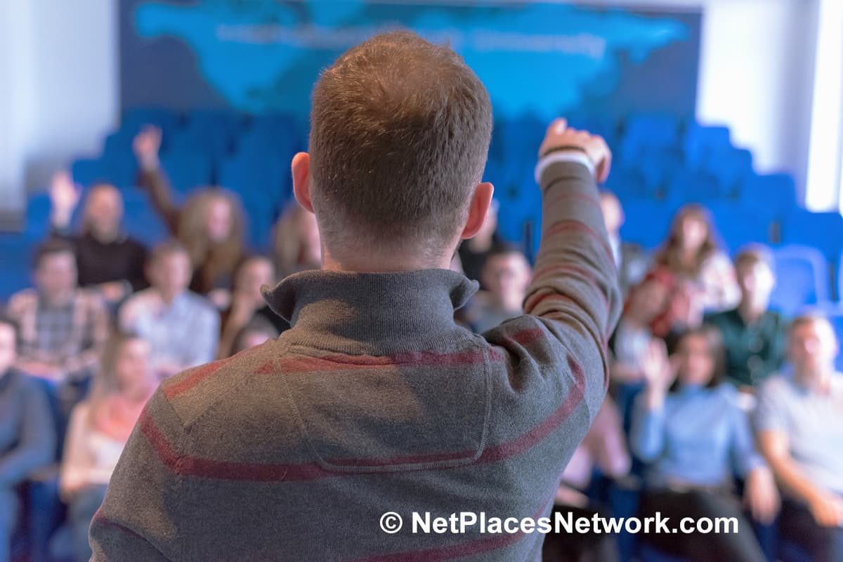 man holding a lecture