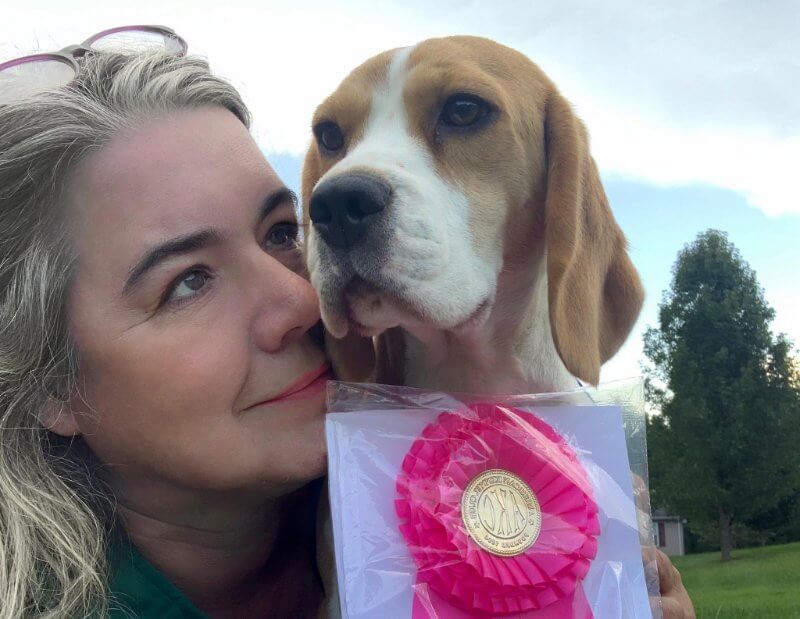Kara Hite with her Beagle, current special, GCHB Cedar Key Another Round of Chaucer named "Lulu"