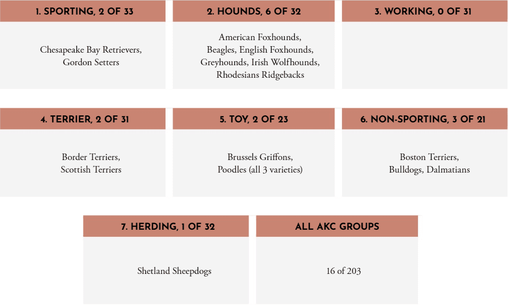 The first number behind the Group name is the number of Breed Standards in the Group that include weights. The second number is the number of Breeds in the Group.