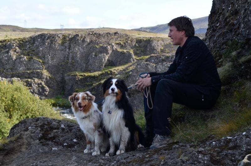 Two dogs and a man relaxing in the great outdoors.