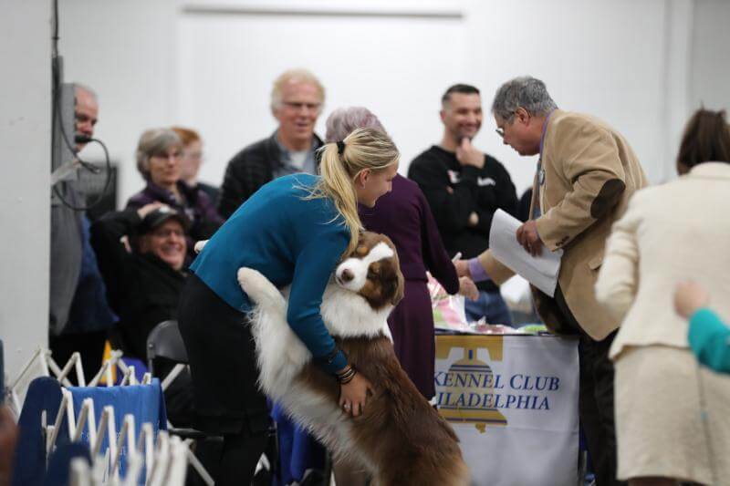 Savanna Michalak pets her dog at a dog show.