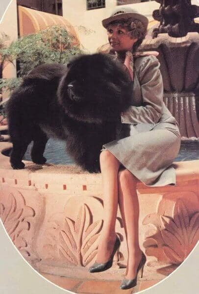 Old photograph of a lady with a black Chow Chow dog.