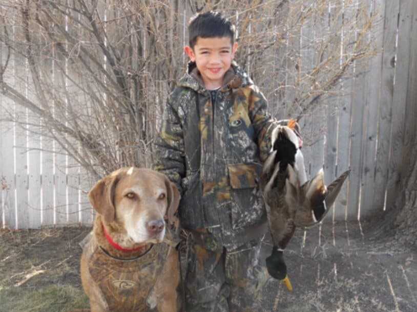 Young boy standing with a Chesapeake Bay Retriever outside in the yard.