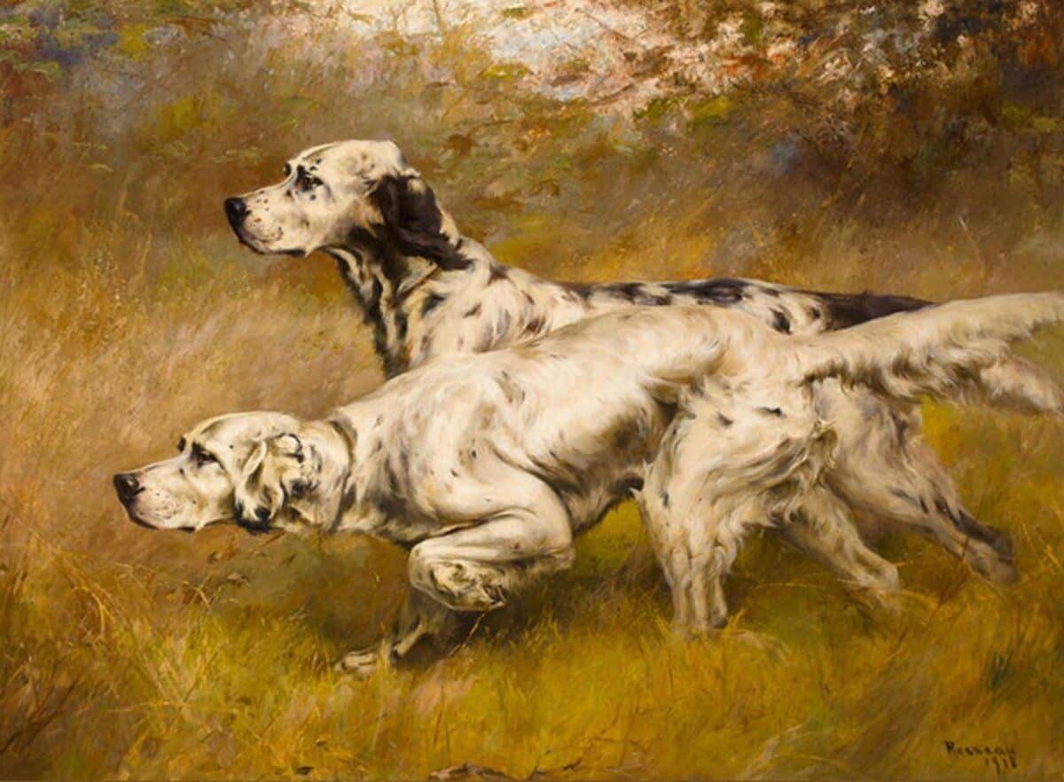 English Setters On Point, 1918, by Percival Rousseau. The very open marked dog in front is almost in a set. A true set would have the rear as flexed as the front and almost on the ground. The dog behind is in an upright point.