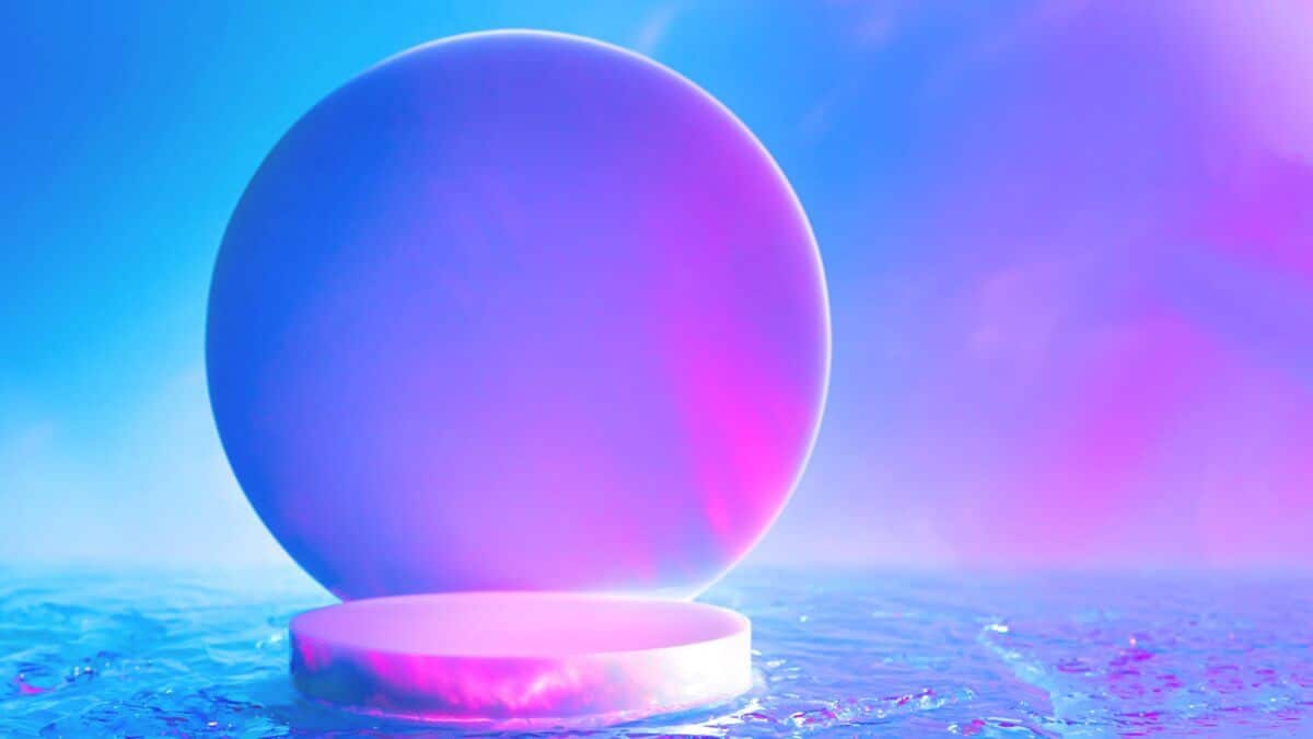 Abstract surreal scene - empty stage with cylinder podium and circle shape on holographic neon blue colored background. Pedestal for cosmetic, beauty product, packaging mockups display presentation