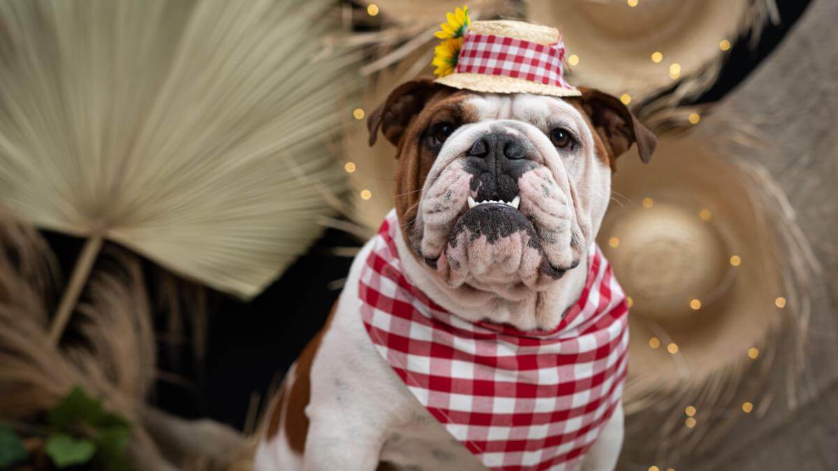 A closeup portrait of a bulldog dressed up as a redneck for a June Party
