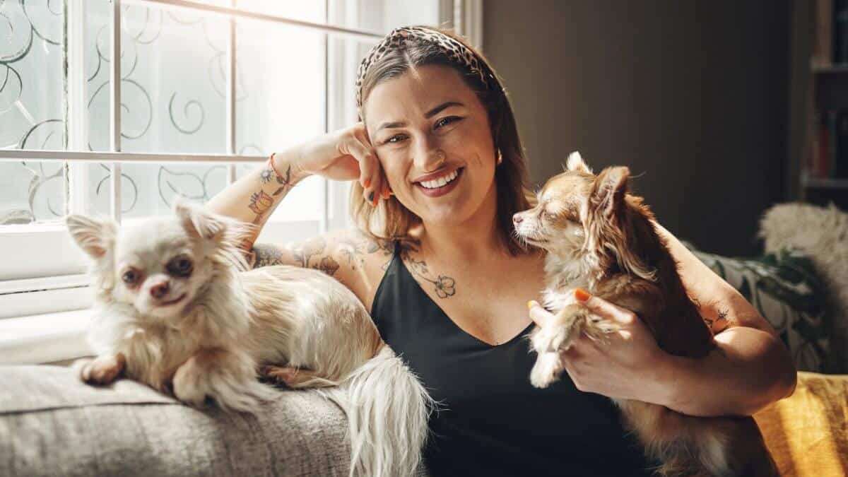 Happy woman sitting on a couch with 2 small dogs