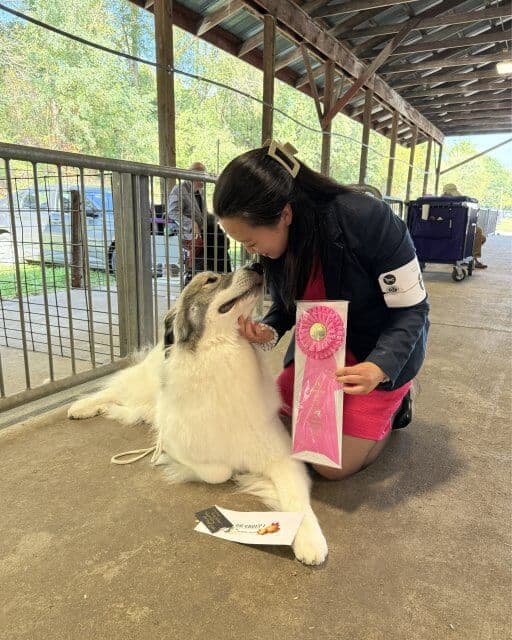 Karen Park kneeling down next to a large white dog. The woman is holding a pink ribbon in her hand.