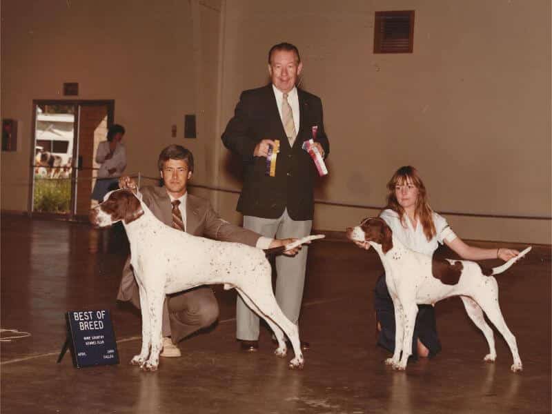 Ch Marjetta Lord Carlton and Ch Penmarric’s Circe in 1984 with Henri and Nancy Tuthill