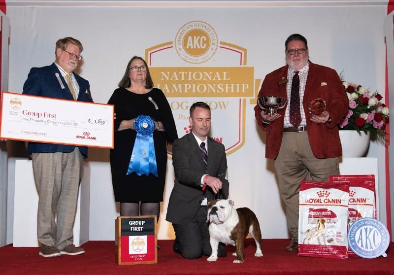 Non-Sporting Group Judge Pamela Bruce with Non-Sporting Group winner: GCHG CH Cherokee Legend Encore, a Bulldog known as “Star,” owned by Alaina Moulton, Kevin Mason & Natalie Mason of Glen Rose, TX and bred by Cody T Sickle, Sherry Hazelett, Connie A Chambers.