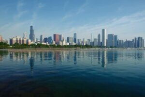 Photo of a chicago skyline representing that the Great American Dog Show will be held August 25–27 at the McCormick Place Convention Center.
