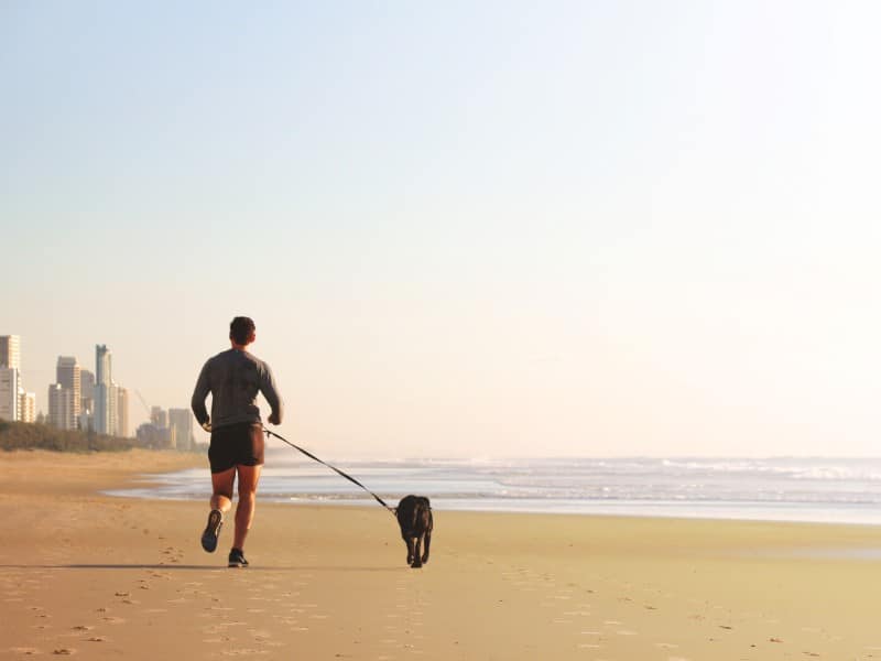 Man and a dog running excercise on the beach