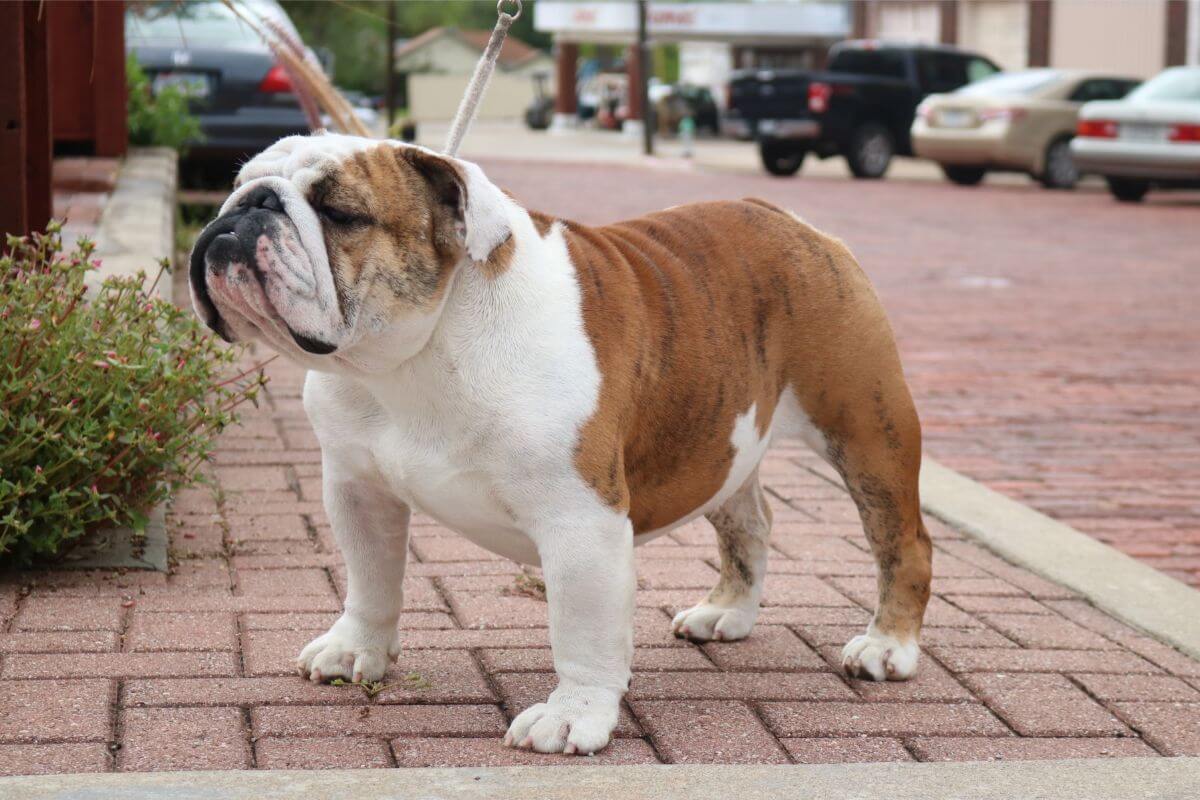 Bulldog standing outside on the parking lot.