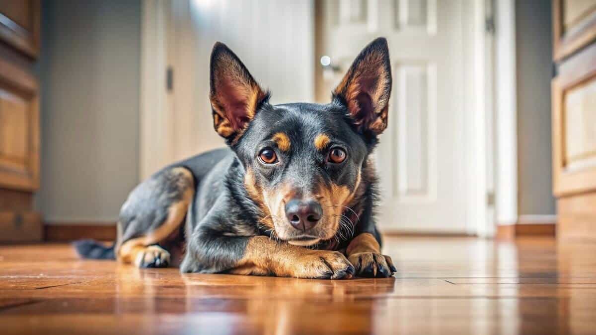 Lancashire Heeler lying on the wooden floor of the house