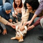Group of multinational people, business team petting dog together, resting, team building in modern office.