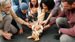 Group of multinational people, business team petting dog together, resting, team building in modern office.