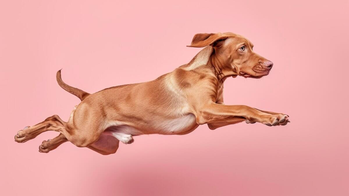 Vizsla dog jumping and remaining in mid-air, studio lighting, isolated on pastel background, stock photographic style