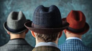 Three men wearing hats standing backwards looking in same direction.