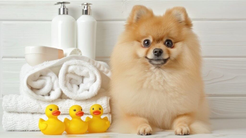 Clean Pomeranian dog sits in front of white towels