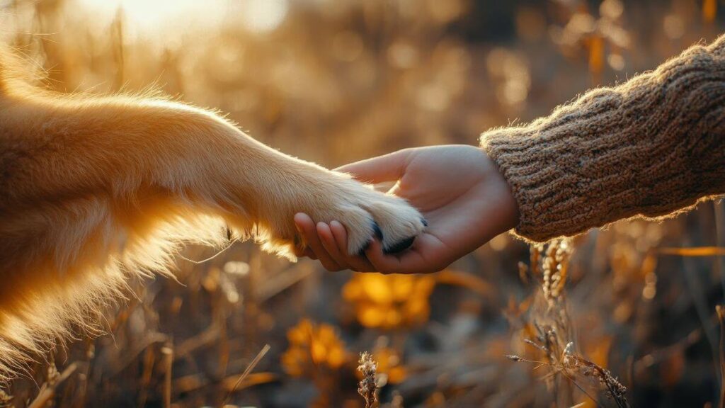 A hand is holding a dog s paw. AI generated