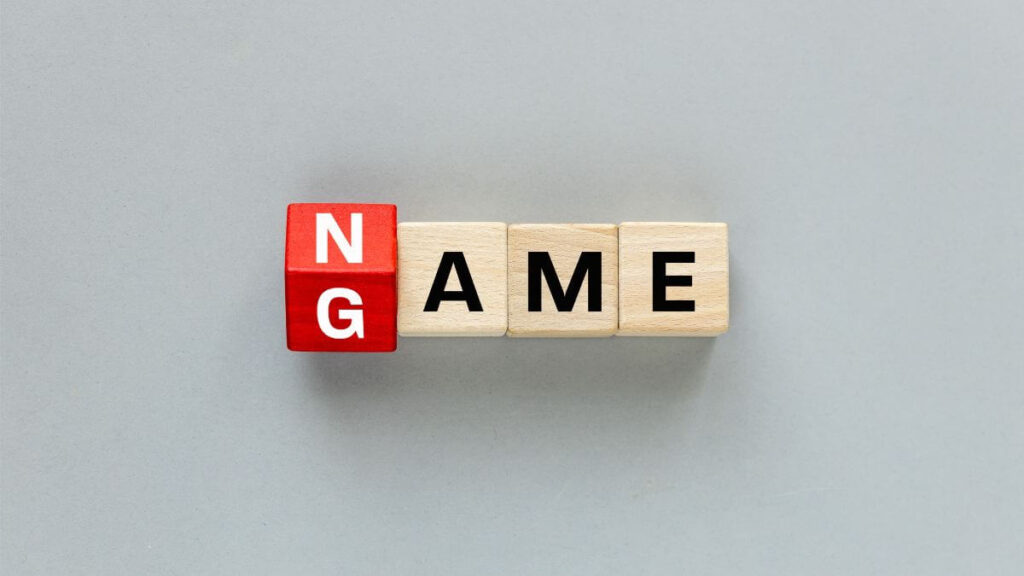 NAME and GAME concept. One letter on wooden blocks changes the word Game to name, beautiful gray background. flat lay, copy space