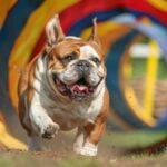 Happy bulldog running through agility tunnel. Happy bulldog running through a colorful agility tunnel on a sunny day, showcasing its speed and energy in a fun competition outdoors AI generated