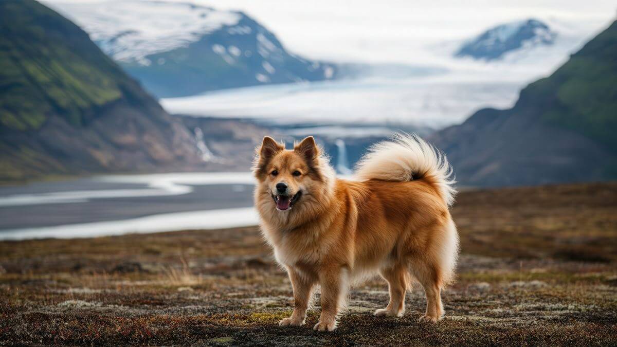 Icelandic sheepdog in majestic mountain landscape with glacial backdrop. An icelandic sheepdog stands proudly in a stunning mountainous landscape, featuring a majestic glacier in the background. the natural beauty of the icelandic wilderness creates a serene and captivating scene. AI generated