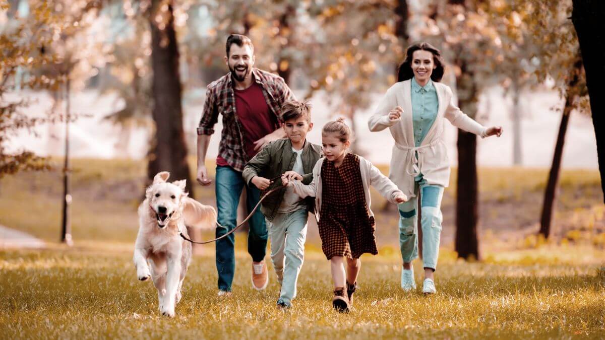 smiling family with a Labrador running on meadow in autumn-park