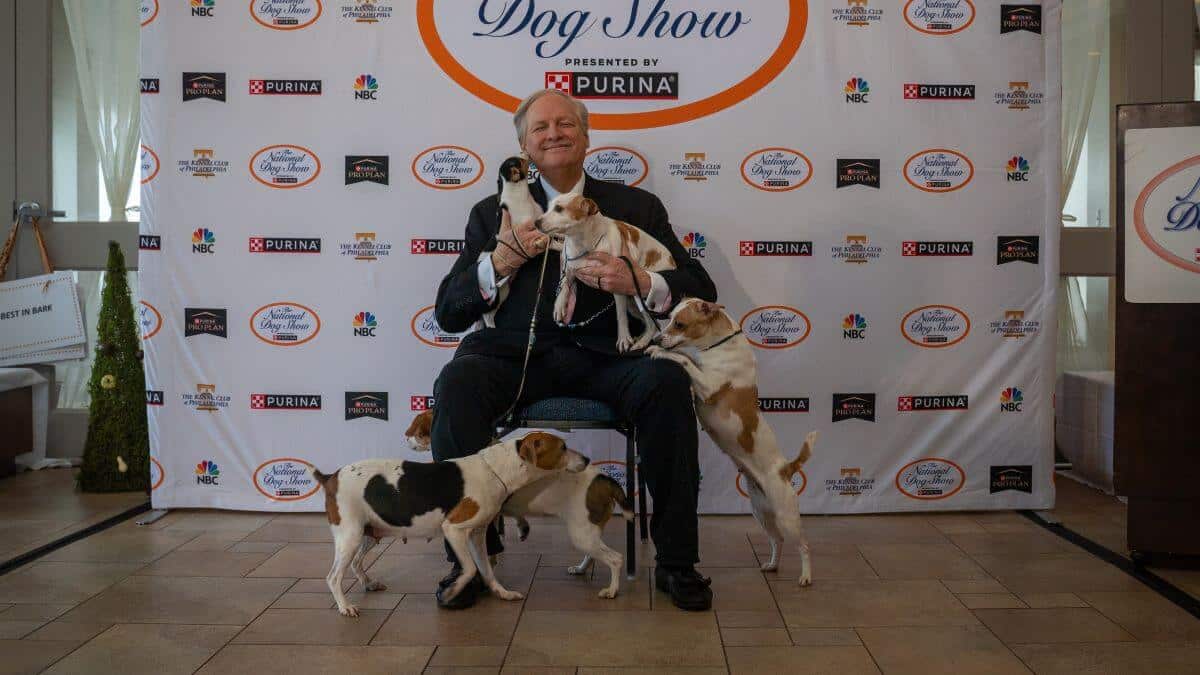 Farmdogs Galore! David Frei revels in the attention of a bevy of Danish-Swedish Farmdogs at the annual National Dog Show press preview in Philadelphia.