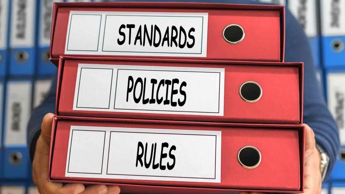 Standards, Policies, Rules, concept words. Folder concept. Ring. Ring binders. Conceptual Business.